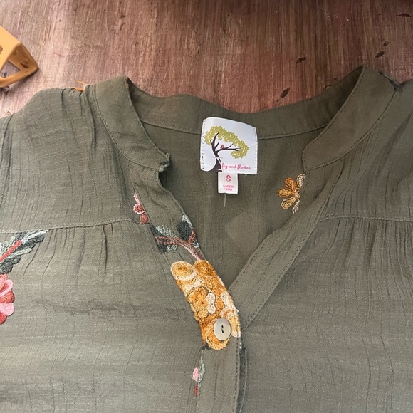 Anthro’s Fig and Flower Green Embroidered Long Sleeve Button Down Shirt,Size S - Picture 7 of 10